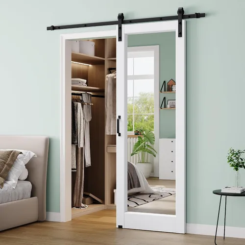 Vista 2 de 30"x84" 1-Lite Double Side Mirror Barn Door Slab with 6FT Track Kit, Handle White / 1-Lite Double Side Mirror