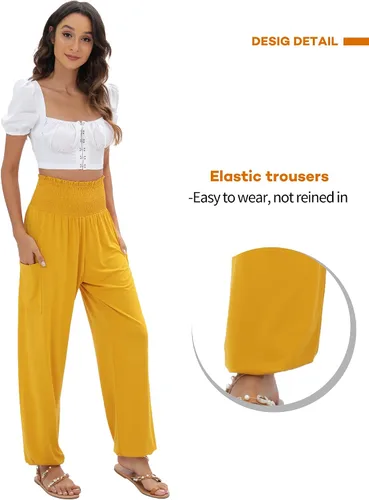 Vista 3 de QIANXIZHAN - Pantalones deportivos de tiro alto para mujer, diseño estilo harén bohemio con bolsillos, para yoga