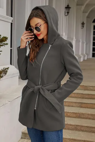 Vista 5 de Bellivera Chaqueta de mezcla de lana con capucha para mujer, abrigo casual con cinturón