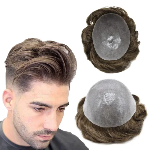 Vista 76 de PU Toupee para hombres pieza de pelo real sistema de reemplazo de cabello humano para hombres Toupee pieza de pelo para hombres piel polivinílica