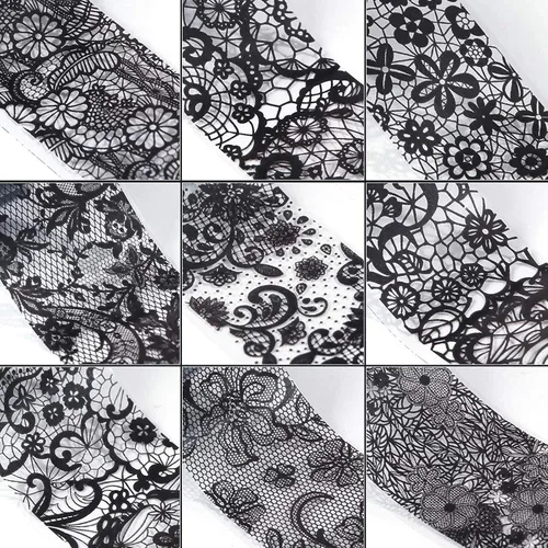 Vista 5 de 10 rollos de calcomanías holográficas retro de transferencia de láminas láser de encaje negro, suministros de arte de uñas, diseños de papel