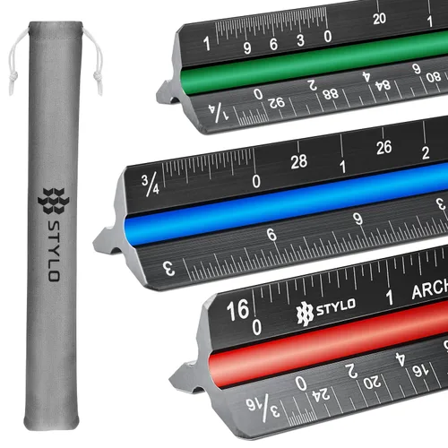 Vista 10 de Stylo Regla de escala de arquitecto de aluminio de 12" con grabado láser, regla triangular de dibujo, ranuras codificadas por color para planos, Gris