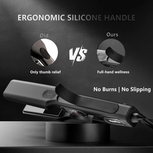 Vista 4 de Plancha de cerámica con placa flotante 3D, plancha de pelo con 15 temperaturas para cabello grueso, mango ergonómico de silicona, pantalla LCD, Negro
