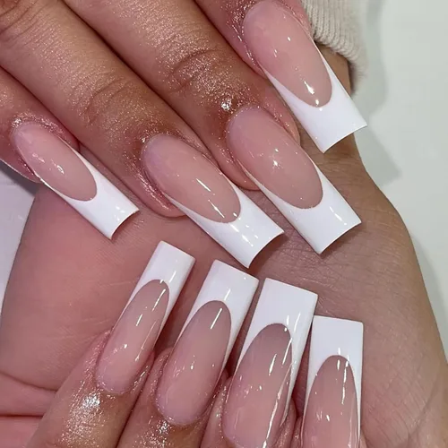 Vista 14 de 24 uñas postizas a presión de punta francesa negra, uñas postizas largas cuadradas, color rosa, cobertura completa, con diamantes de imitación, L1.
