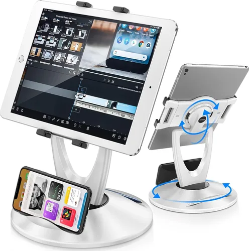 Vista 10 de Soporte para tablet iPad para escritorio, de 6 a 13 pulgadas, estable, ajustable, ángulo giratorio de 360°, soporte para iPad, para tienda, quiosco