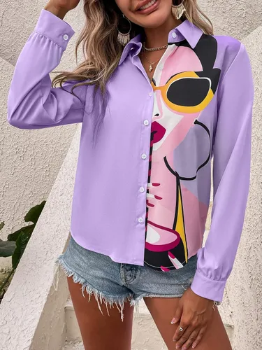 Vista 5 de SHENHE Camisa de manga larga con cuello para mujer, con estampado de figuras coloridas