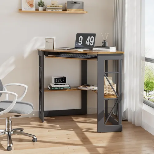 Vista 4 de VECELO - Escritorio de esquina para computadora, mesa de escritura con bandeja para teclado suave y estantes de almacenamiento, mesa triangular