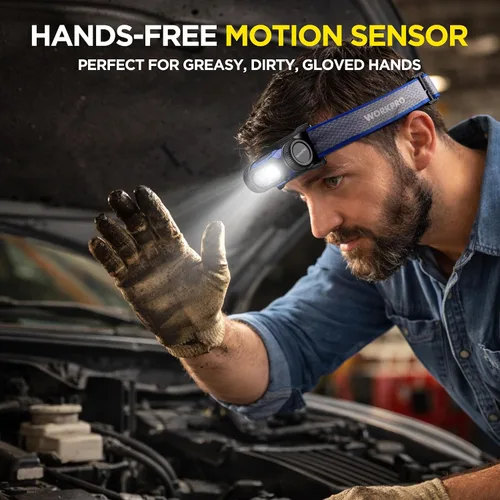 Vista 2 de WORKPRO Linterna frontal de trabajo recargable, lámpara de cabeza LED de 700 lm con sensor de movimiento, ángulo ajustable de 180° y largo tiempo