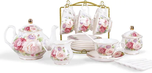 Vista 8 de fanquare Juego de té de porcelana de rosa azul, tetera floral británica con tazas de té, juego de fiesta de té para mujer para 6