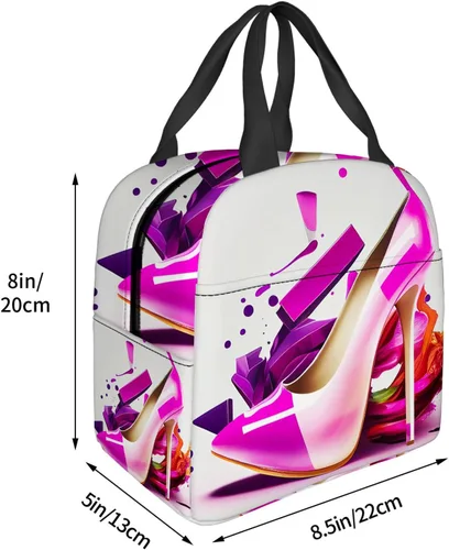 Vista 4 de OOZ Lonchera aislada para mujeres y hombres, estampado de zapatos de tacón alto rosa, reutilizable, a prueba de fugas, para adultos, oficina
