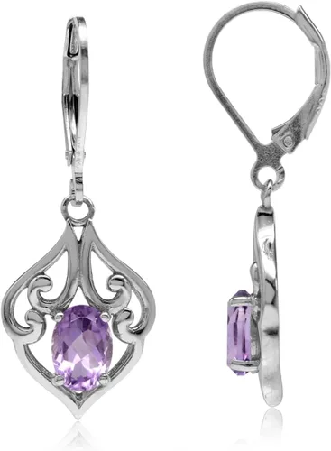 Vista 15 de Silvershake Aretes colgantes de plata de ley 925 chapados en oro blanco o amarillo con piedra natal ovalada de 0.276 x 0.197 in, estilo victoriano