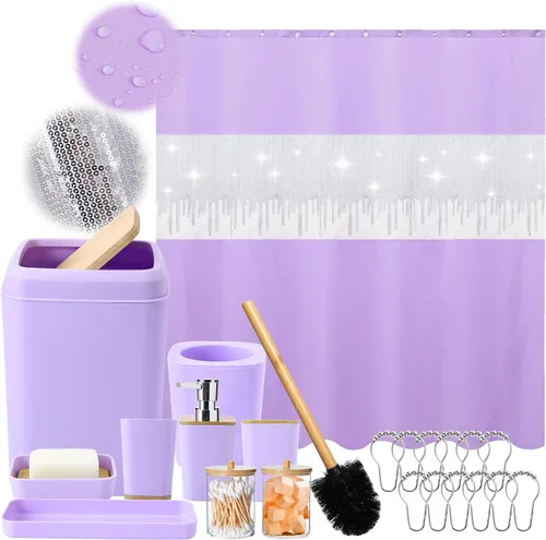Vista 28 de Juego de accesorios de baño rosa con cortina de ducha y alfombras con purpurina, juegos de baño con alfombras de baño extrasuaves y absorbentes