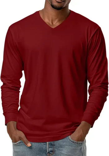 Vista 22 de Camiseta para hombre, manga larga, cuello en V, color liso, informal, básica, suave, elástica, M-3XL