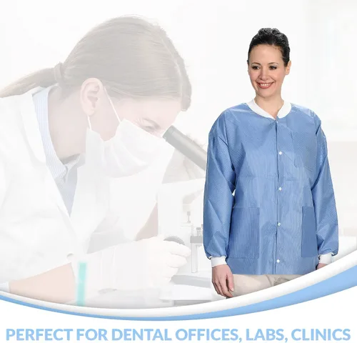 Vista 14 de Paquete de 10 chaquetas desechables de laboratorio, chaqueta médica reutilizable hasta la cadera, unisex, con puños de punto y bolsillos