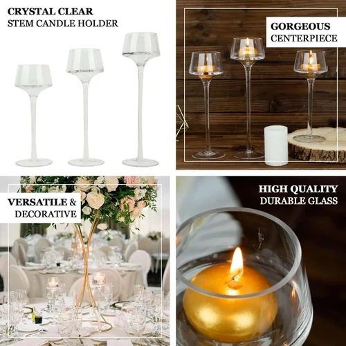 Vista 4 de Efavormart - Juego de 3 centros de mesa con pedestal de cristal transparente de tallo largo, portavelas de disco de candelita altos, 8, 9, 10