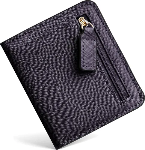 Vista 26 de Toughergun Cartera pequeña de cuero delgada para mujer con protección RFID, mini monedero bifold compacto con ventana de identificación transparente