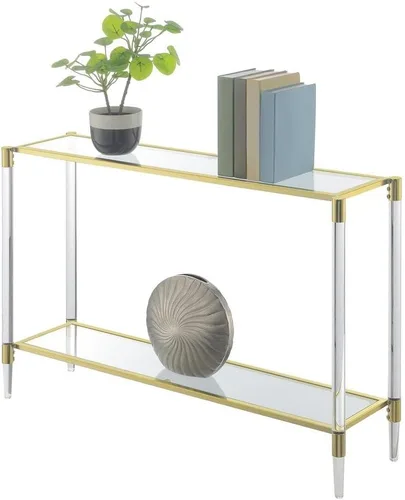 Vista 5 de Furnifact Mesa consola de 2 niveles, mesa de cristal transparente estrecha con patas acrílicas y marco cromado dorado, pasillo o sofá