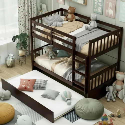 Vista 9 de KOMFOTT Litera de Madera Twin Over Full con Cama Nido, Marco de Cama con Marco de Madera de Pino Maciza, Litera que Ahorra Espacio con Escalera