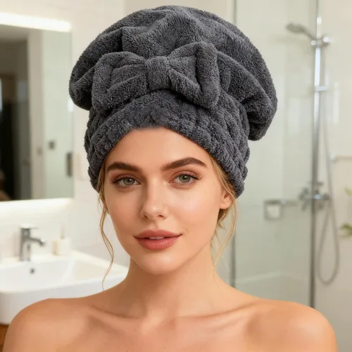 Vista 5 de Toallas de microfibra para secar el cabello con gorro de ducha con nudo de lazo, turbante para el cabello, gorro de baño para cabello rizado, corto