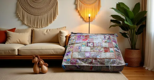 Vista 2 de CRAFT KALA Funda de puf tradicional de retazos indios cuadrados indios para sala de estar, pufs decorativos bordados otomanos, otomano
