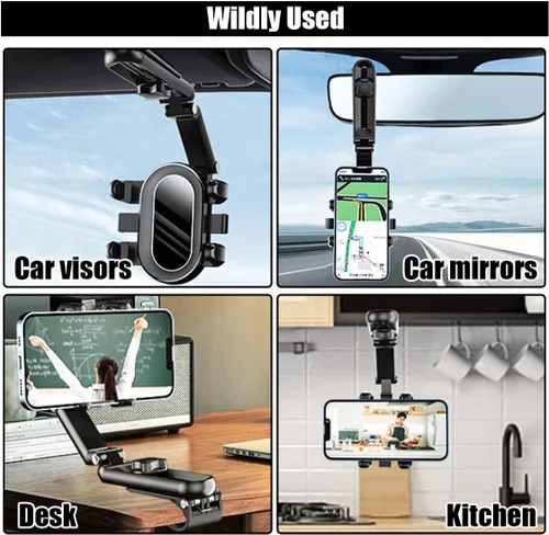 Vista 6 de Soporte para teléfono para visera solar, multifuncional, ajustable, espejo retrovisor, soporte para teléfono celular para coche, hogar, cocina, Negro
