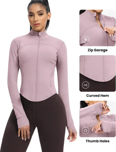 Vista 69 de AVGO Chaquetas de entrenamiento recortadas para mujer, con cremallera, ajustadas, atléticas, con agujeros para el pulgar