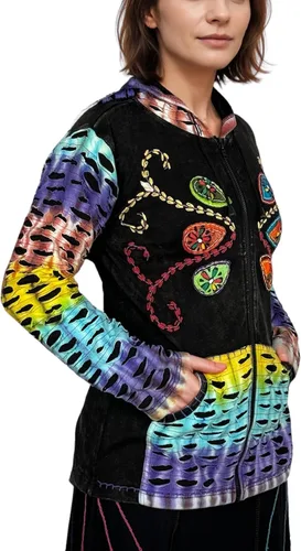 Vista 14 de Agan Traders Chaquetas bohemias con cremallera para mujer, con parches de teñido anudado, sudaderas ligeras con capucha para mujer 2025