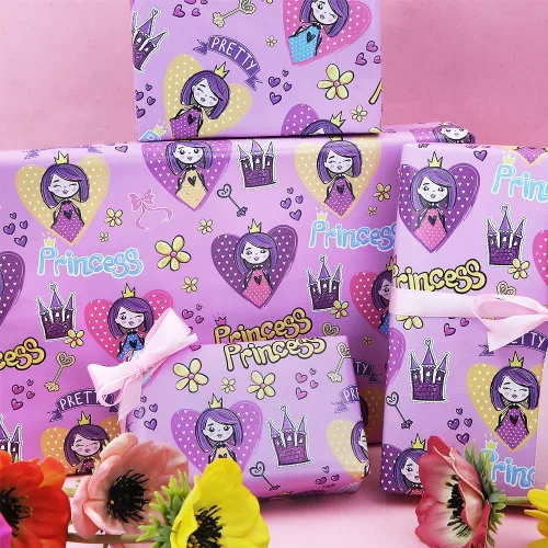Vista 5 de Geluode Papel de regalo de cumpleaños de princesa para niñas y bebés, bonito diseño de castillo de princesa rosa, papel de regalo para cumpleaños