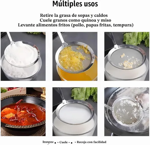 Vista 5 de Cuchara de acero inoxidable para espumadera de grasa de 4 pulgadas, colador de grasa multifuncional de malla fina con mango resistente al calor