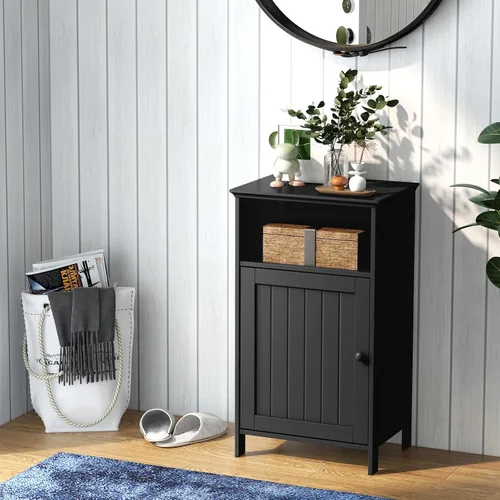 Vista 9 de Giantex Armario de almacenamiento de piso de baño, gabinete lateral con compartimento abierto, estante ajustable de 3 posiciones, base elevada