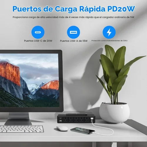 Vista 2 de Regleta de alimentación montable para debajo del escritorio de 40 W, enchufe plano de carga rápida USB-C de 20 W, protector de sobretensiones 1200J