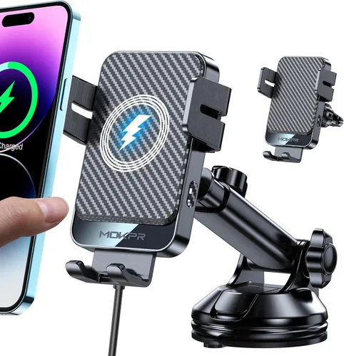 Vista 9 de Cargador inalámbrico para automóvil, MOKPR 15W carga rápida con sujeción automática, soporte de cargador para automóvil manos libres para tablero