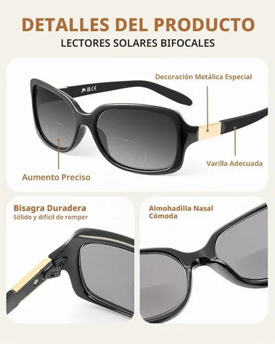 Vista 2 de JM Gafas de Lectura Bifocales Clásicas Rectangulares Elegantes Gafas de Sol Lectoras para Mujeres Todo Negro +1.25