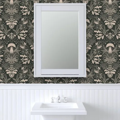 Vista 9 de Papel tapiz para despegar y pegar, diseño de damasco de bosque de hongos, verde oscuro, bosque, caracol, helecho, bellota, papel tapiz extraíble