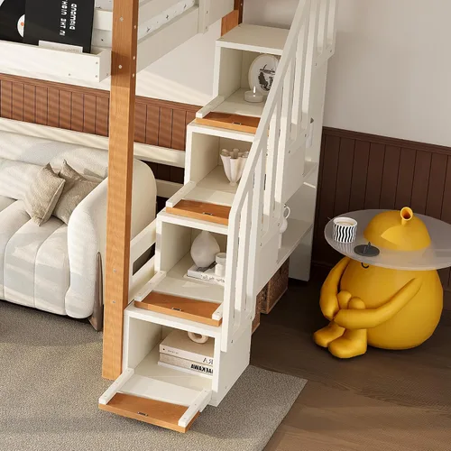 Vista 5 de Cama tipo loft de madera tamaño individual con escaleras, gancho para ropa Beige Natural