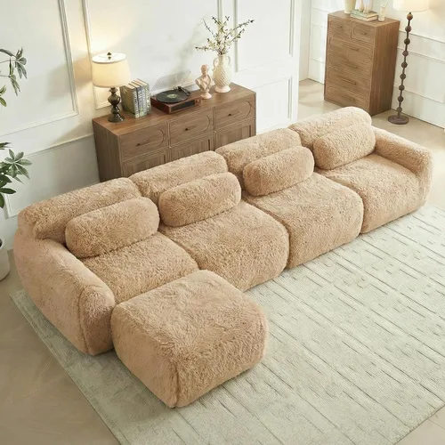 Vista 25 de Sofás de nube sin hueso de 80.4 pulgadas, tela de felpa suave y esponjosa, sofá cama modular con 2 otomanas, sofás de dos plazas de chocolate,
