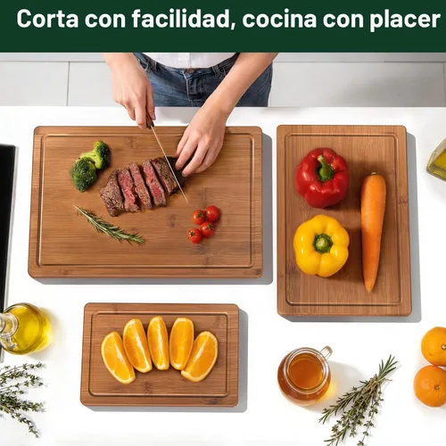 Vista 7 de Juego de 3 tablas de cortar de bambú carbonizado profundo para cocina Carbonized