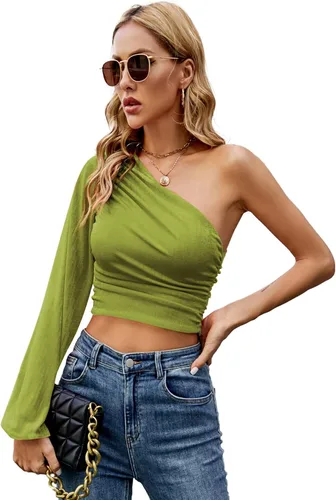 Vista 5 de LYANER Blusa corta de manga larga con un hombro fruncido para mujer
