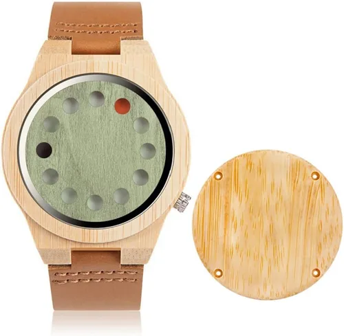 Vista 11 de BOBO BIRD Reloj de madera de bambú para hombre con correa de cuero de vaca negra, 12 agujeros, diseño temporizador, relojes deportivos casuales