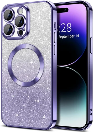 Vista 132 de Hython Funda para iPhone 13 Pro transparente con purpurina magnética [compatible con MagSafe] Protector completo de lente de cámara delgado