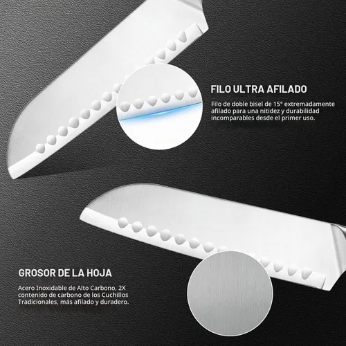 Vista 2 de Cuchillo Santoku, Cuchillo de Chef de 7 Pulgadas, Cuchillo de Cocina con Acero Alemán de Alto Carbono Súper Afilado, Mango Ergonómico Antideslizante