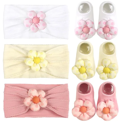 Vista 8 de MIUXUESO Diademas y calcetines para bebés y niñas recién nacidas, bandas para el pelo de flores para recién nacidas, calcetines antideslizantes