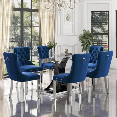 Vista 18 de Juego de comedor de cristal moderno de lujo de 7 piezas, juego de cena rectangular minimalista grande para 6, mesa de cocina de cristal transparente
