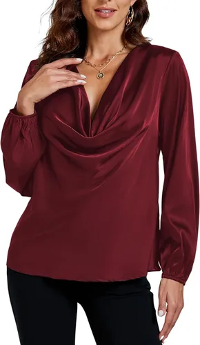 Vista 5 de LYANER Blusa de satén sedoso con cuello drapeado frontal de manga larga para mujer