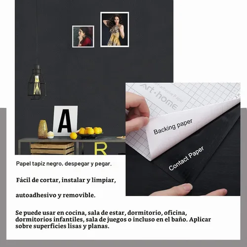 Vista 3 de Arthome - Papel adhesivo negro de 11.8 x 100 pulgadas, papel tapiz autoadhesivo impermeable de vinilo de PVC brillante, a prueba de aceite, papel