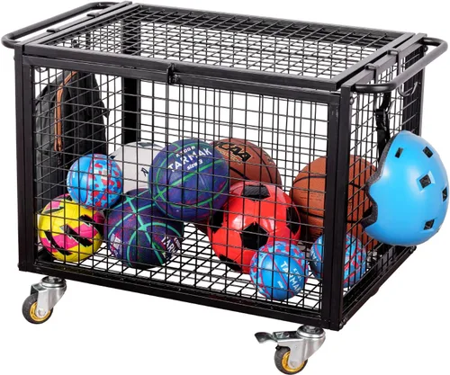 Vista 2 de MyGift Carrito de almacenamiento de pelotas deportivas de metal negro para parque infantil, Dodge Ball, baloncesto, pelota de fútbol, canasta