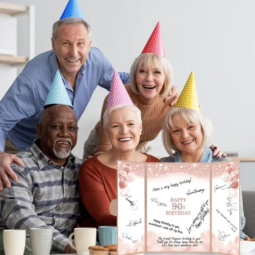 Vista 6 de Trgowaul Decoraciones de cumpleaños 90 para mujer, alternativa al libro de invitados de cumpleaños 90, decoraciones de cumpleaños 90, tarjeta