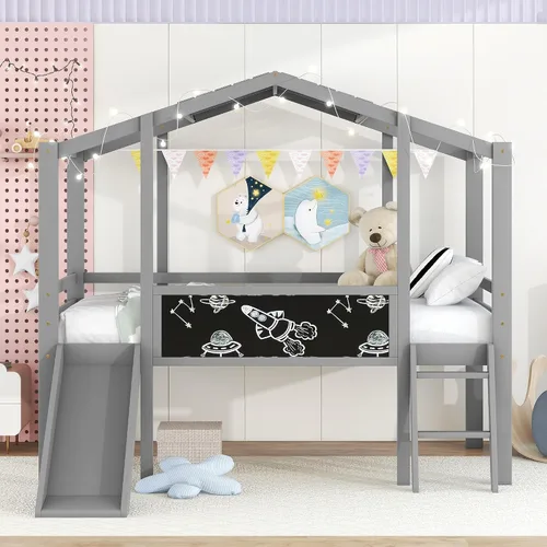 Vista 29 de RUNNA Marco de cama de madera de tamaño matrimonial con valla, para niños, adolescentes, niñas, niños, (Natural-Thinck 4col)
