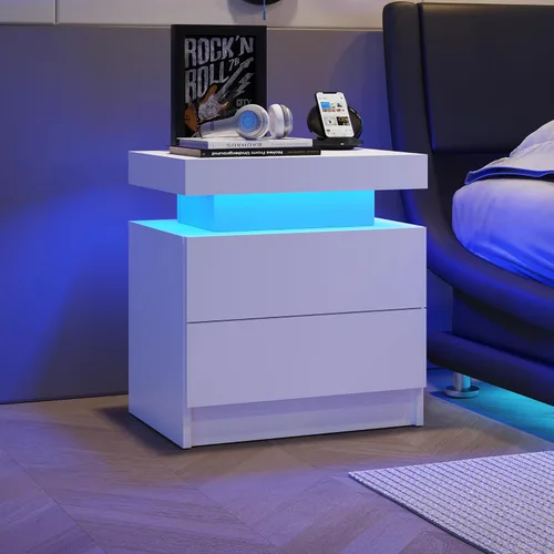 Vista 12 de Juego de 2 mesitas de noche LED negras, juego de 2 mesitas de noche modernas con 2 cajones, mesa auxiliar con luces LED para dormitorio, sala