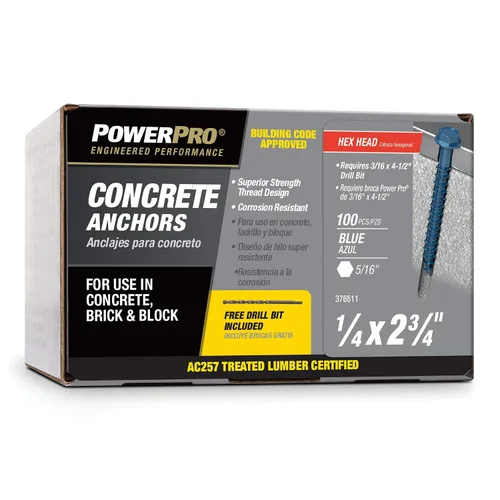 Vista 7 de Power Pro Anclajes de tornillo de hormigón con cabeza hexagonal azul (1/4" x 1-3/4") - 100 piezas